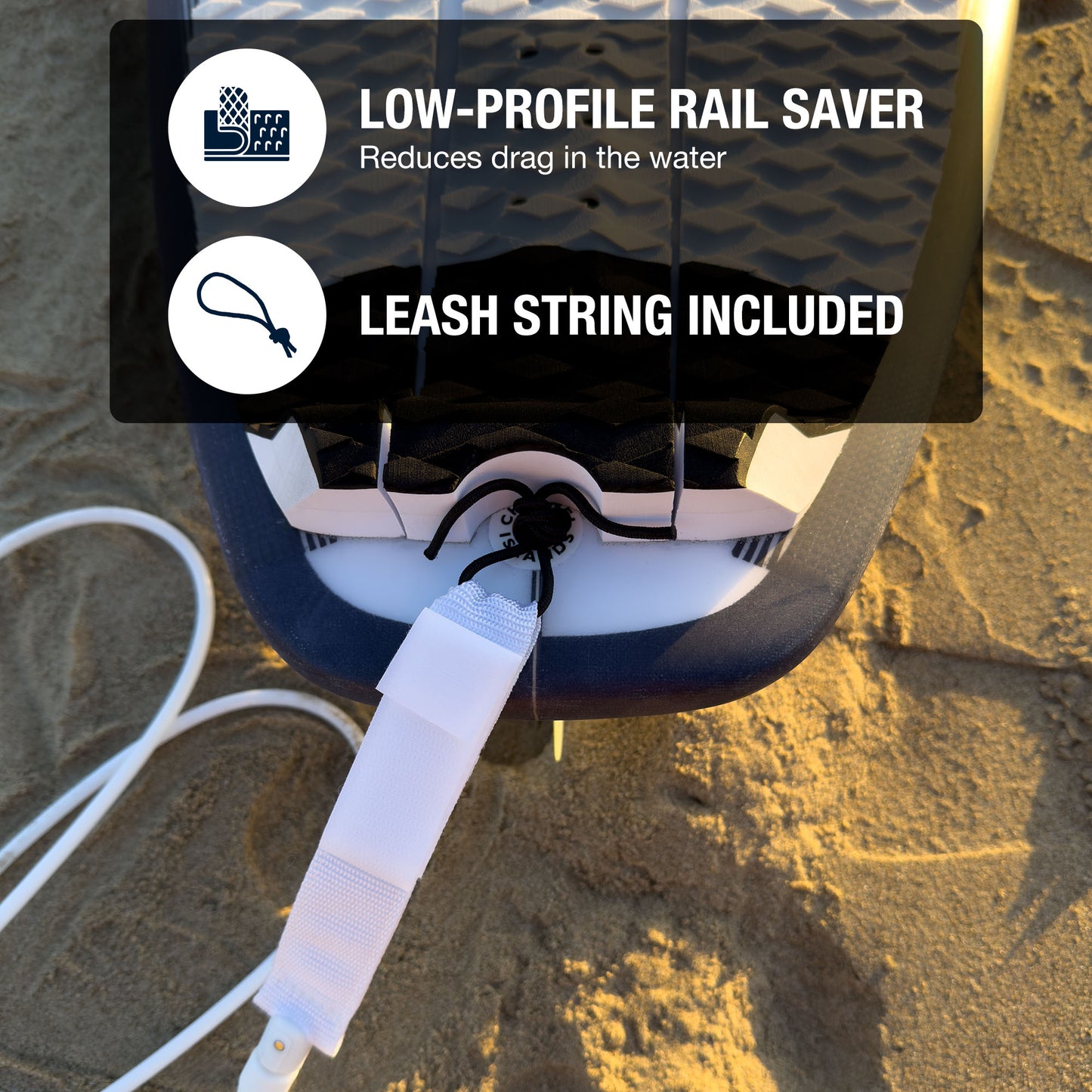 Surfboard leash rail saver and leash string