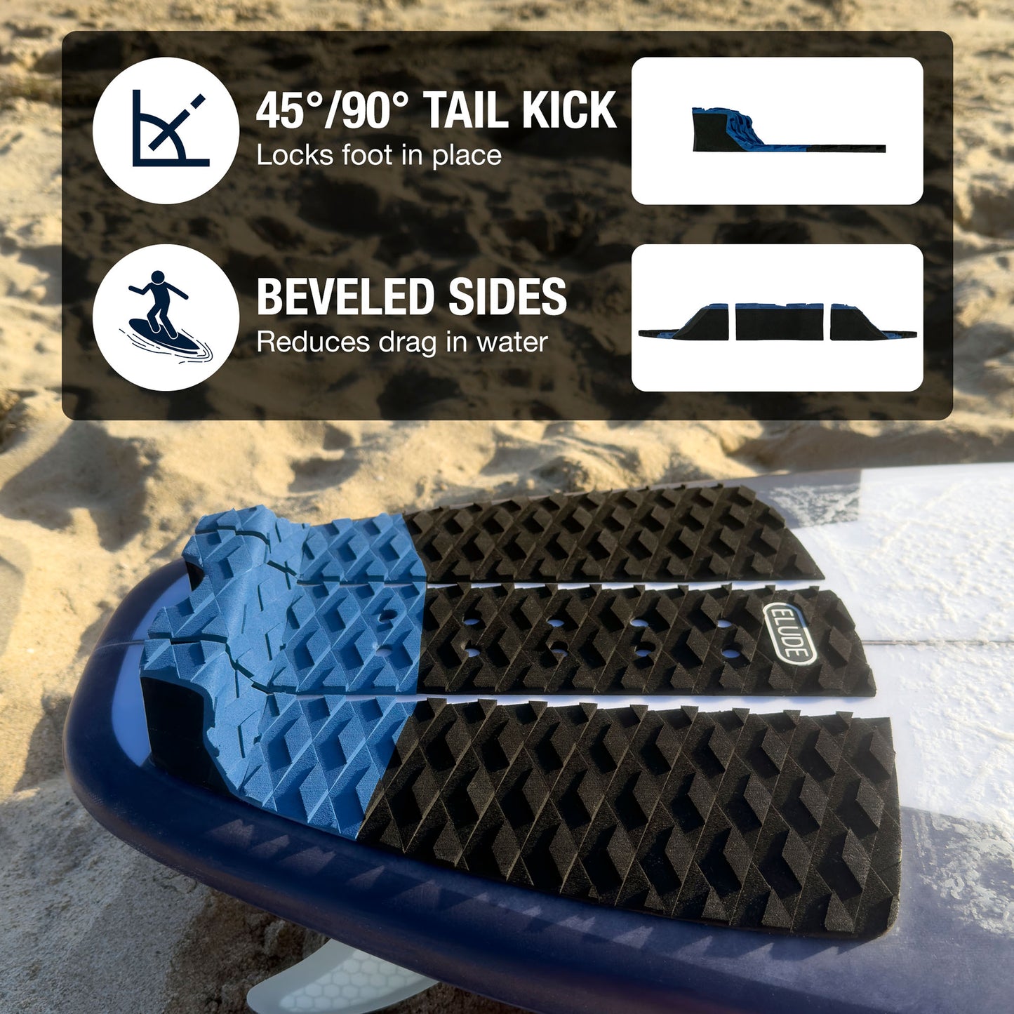 Surfboard traction pad 45/90 degree tail kick with beveled sides
