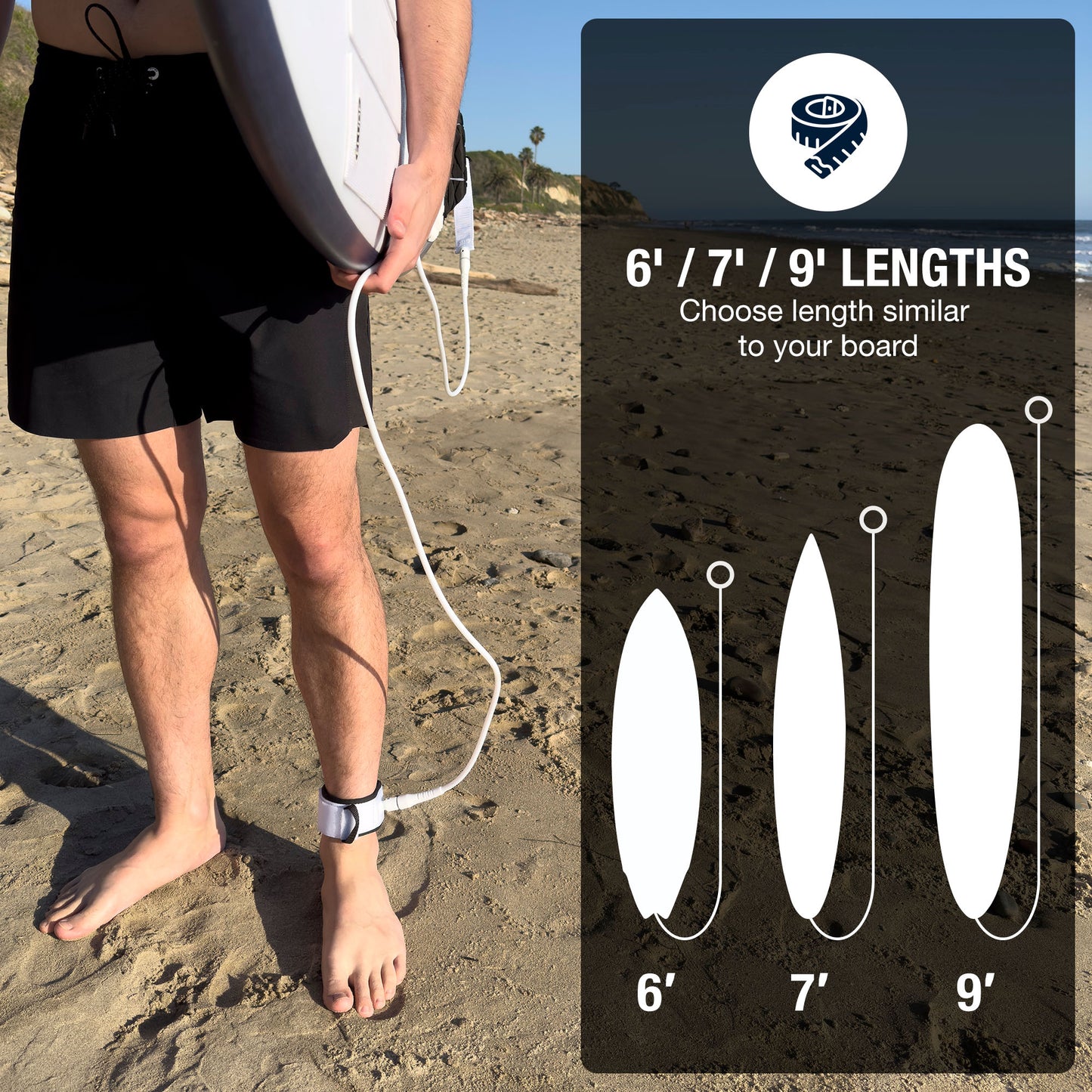 Surfboard leash 6 foot, 7 foot, and 9 foot lengths