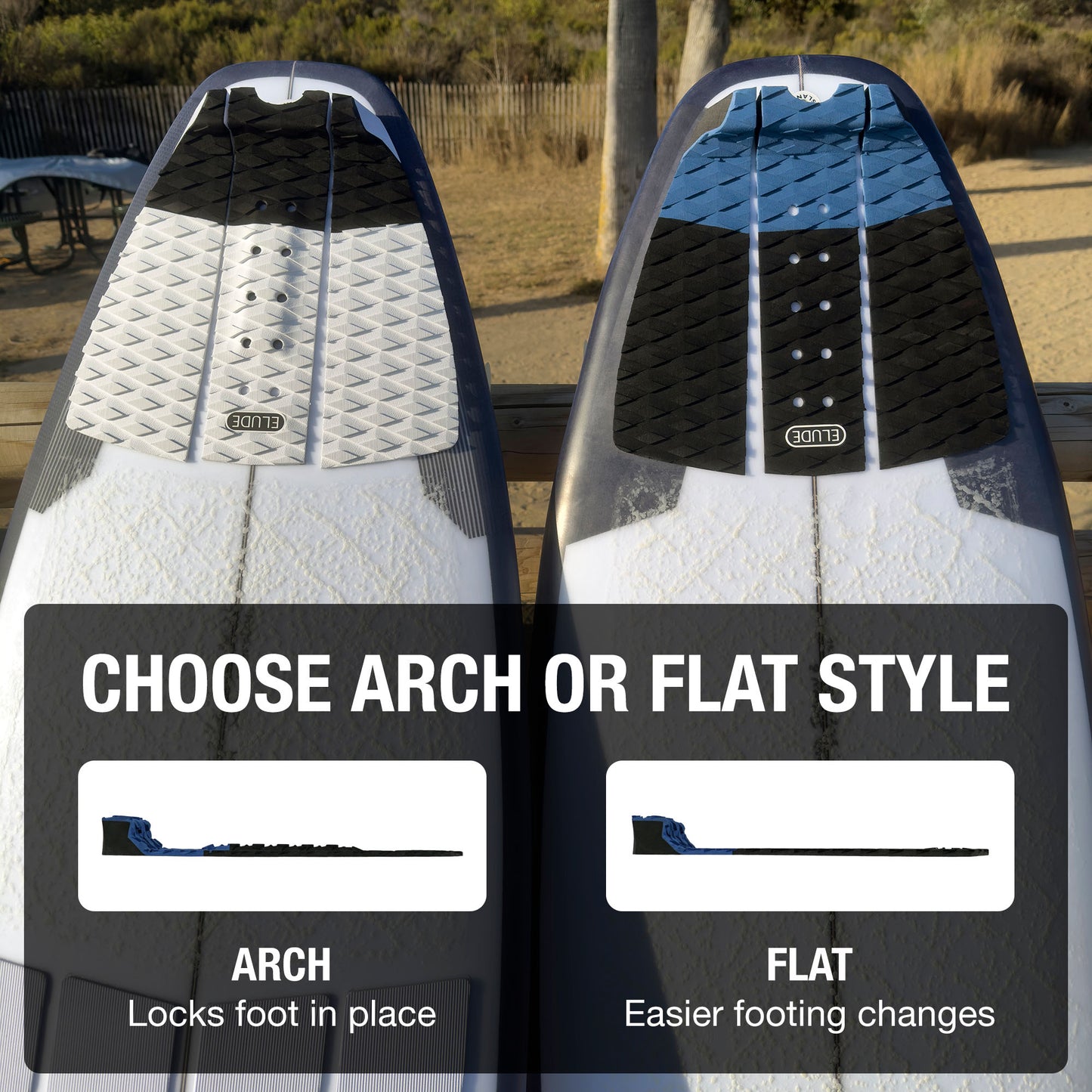 Surfboard traction pad arch vs flat styles