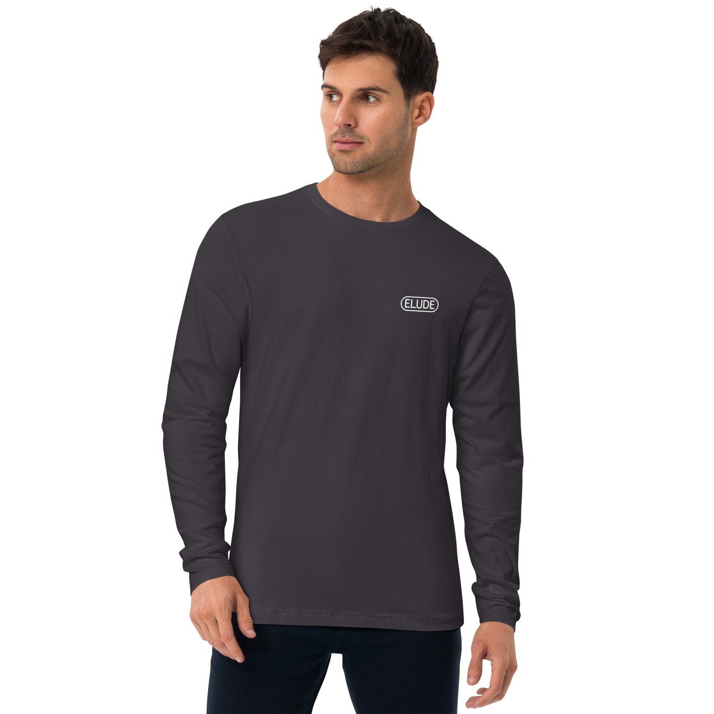 Person wearing long sleeve t-shirt front view charcoal