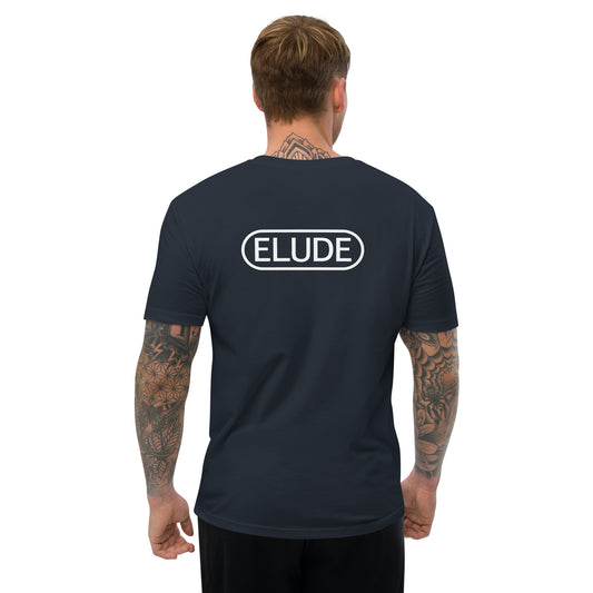 Person wearing short sleeve t-shirt back view navy