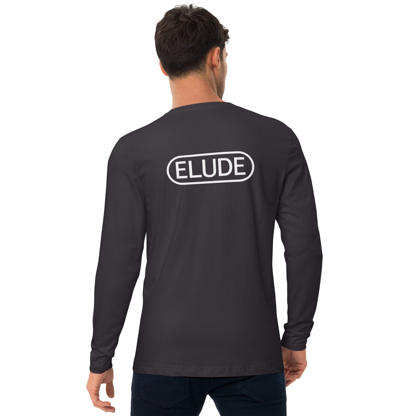 Person wearing long sleeve t-shirt back view charcoal