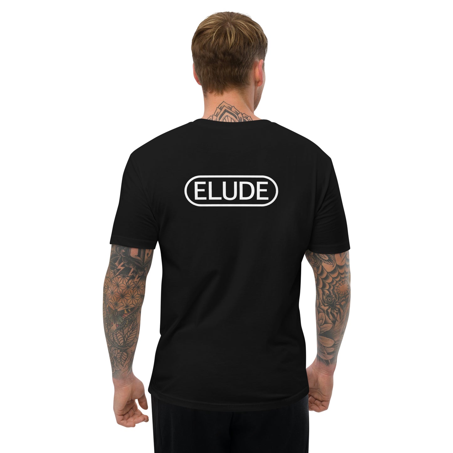 Person wearing short sleeve t-shirt back view black