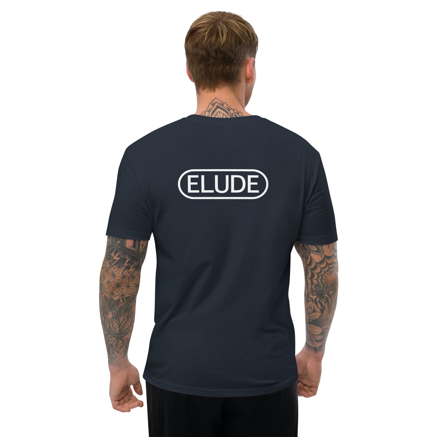 Person wearing short sleeve t-shirt back view navy
