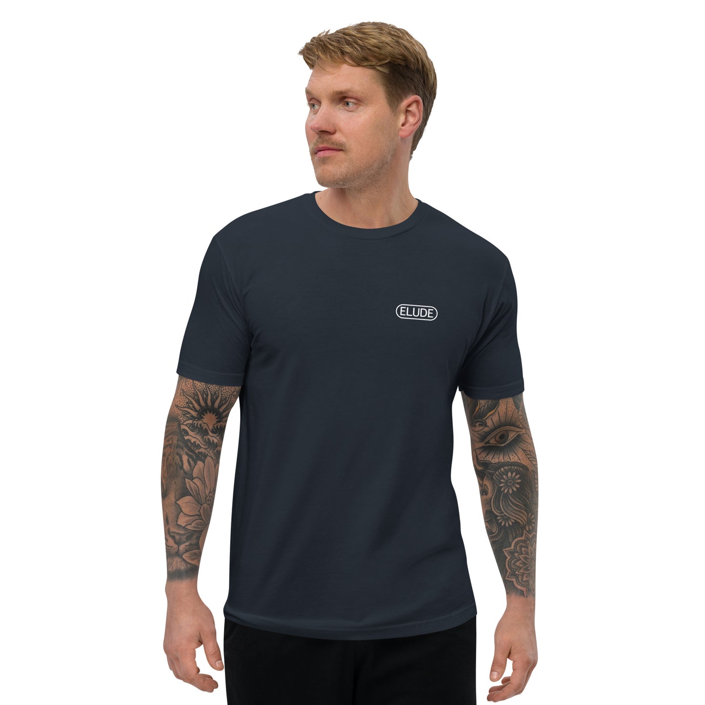 Person wearing short sleeve t-shirt front view navy